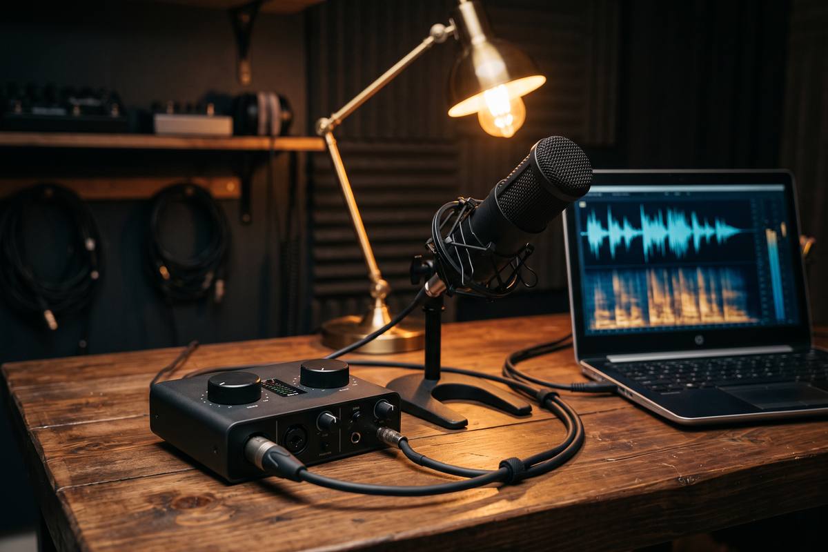 Audio interface and microphone on a desk beside a laptop