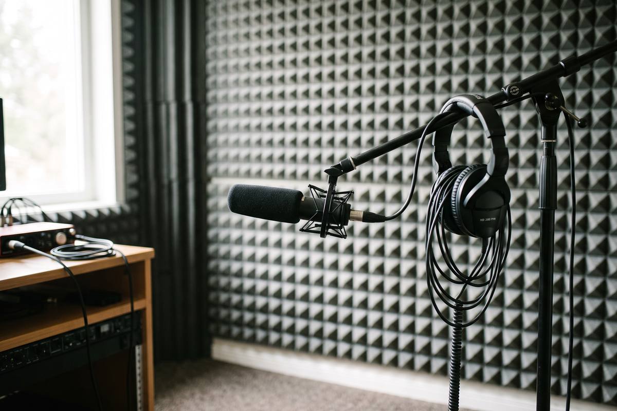 Boom microphone and headphones on a stand in a treated room