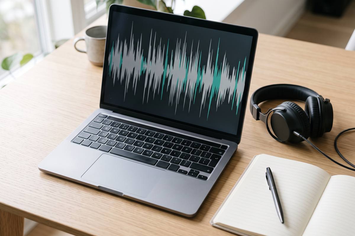 Laptop showing an audio waveform beside headphones