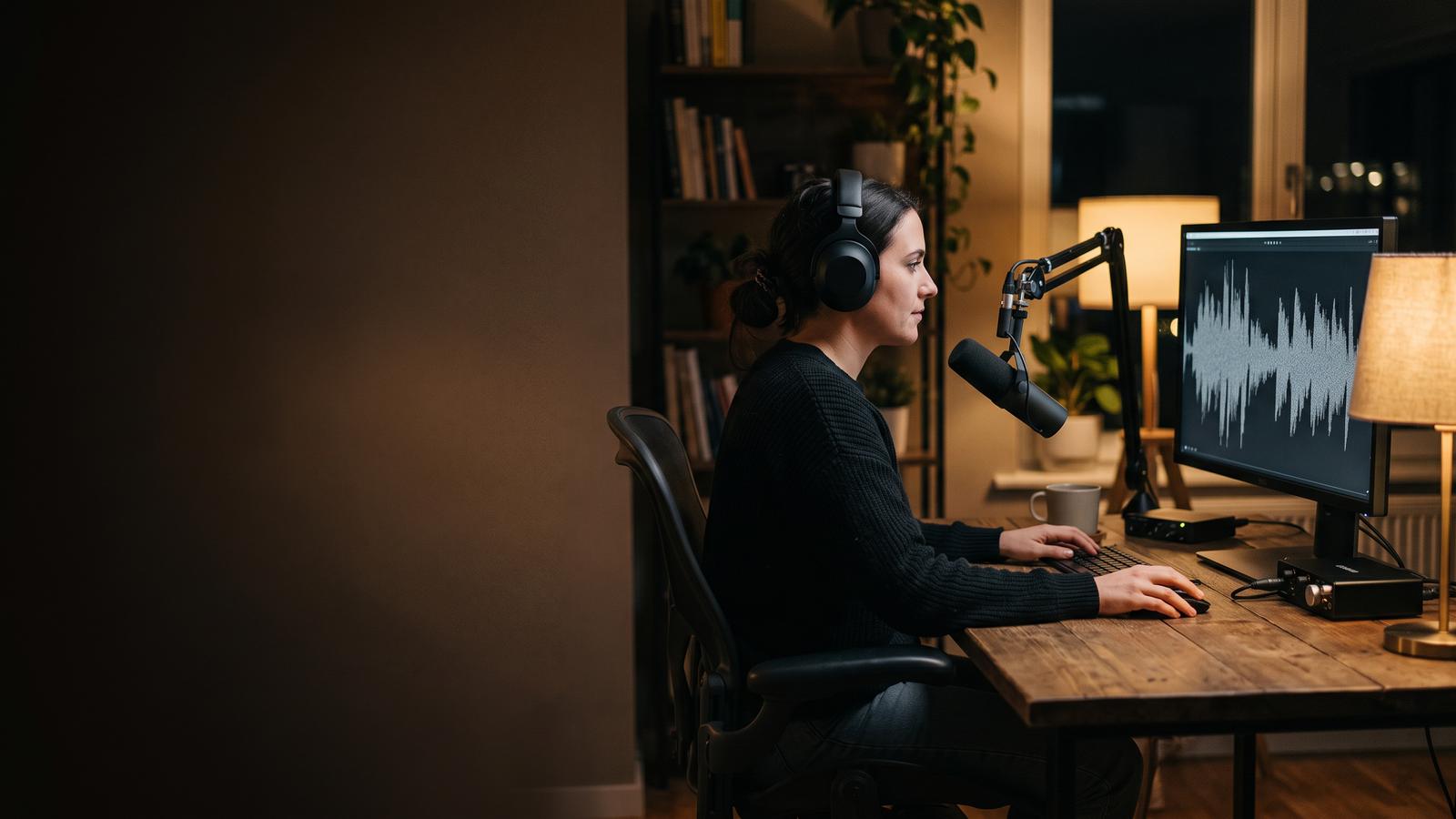 Person with headphones working on audio for a video edit