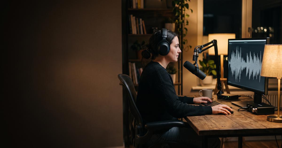 Microphone in a room with acoustic panels behind it